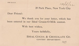 Vintage 1922 Postcard from Ideal Cocoa & Chocolate Co Contest Park Place NY