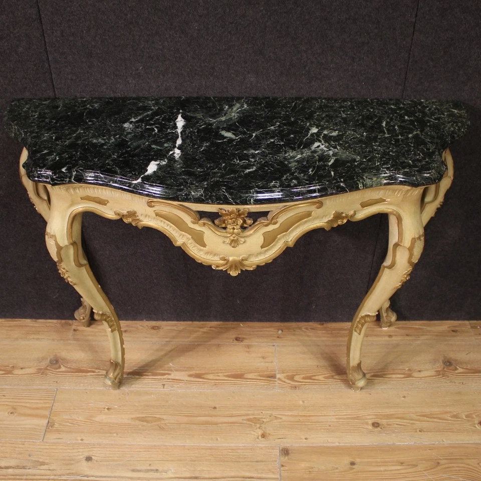 Consola italiana muebles mesa en madera dorada lacada mármol superior siglo XX Foto 3 de 4