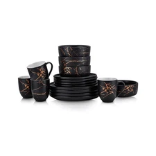 Stone Lain Porcelain 16 Piece Dinnerware set, 4 Full Black Gold Splash Sets