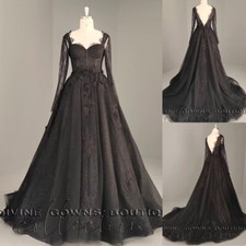 Gothic Black Long Sleeves Wedding Dresses Backless Lace Appliques Bridal