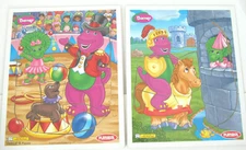2 Vtg Wooden Puzzle Barney Baby Bop Frame Tray Circus Castle Playskool Lyons K