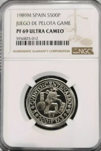 1989 SPAIN SILVER 500 PESETAS JUEGO DE PELOTA GAME NGC PF 69 ULTRA CAMEO TOP POP