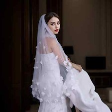 Wedding Veil 3D Flowers Bridal Veil 1 Tier Floral Applique Veil Fingertip Length