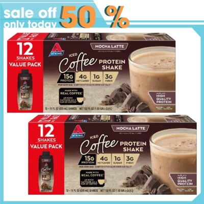 24ct Atkins Mocha Latte Iced Coffee Protein Shake, Low Carb, Low Sugar, Keto Fri