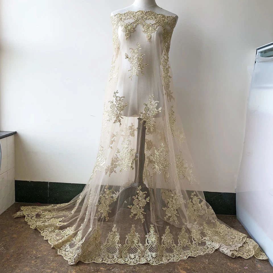Vintage Stickerei Brautkleid DIY Stoff Gold Corded Abendkleid Spitze Stoff 0.5 Y - Bild 1 von 4