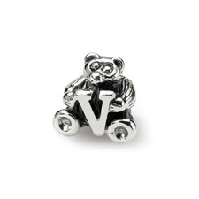 Letter V Teddy Bear Kids Bead .925 Sterling Silver Antiqued Reflection Beads