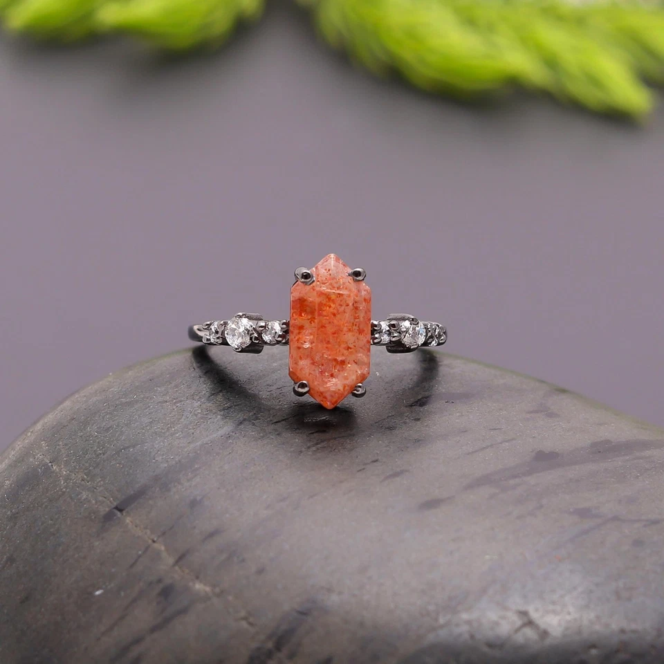 Anillo hexagonal piedra solar natural plata de ley 925 oxidada joyería vintage Foto 3 de 4