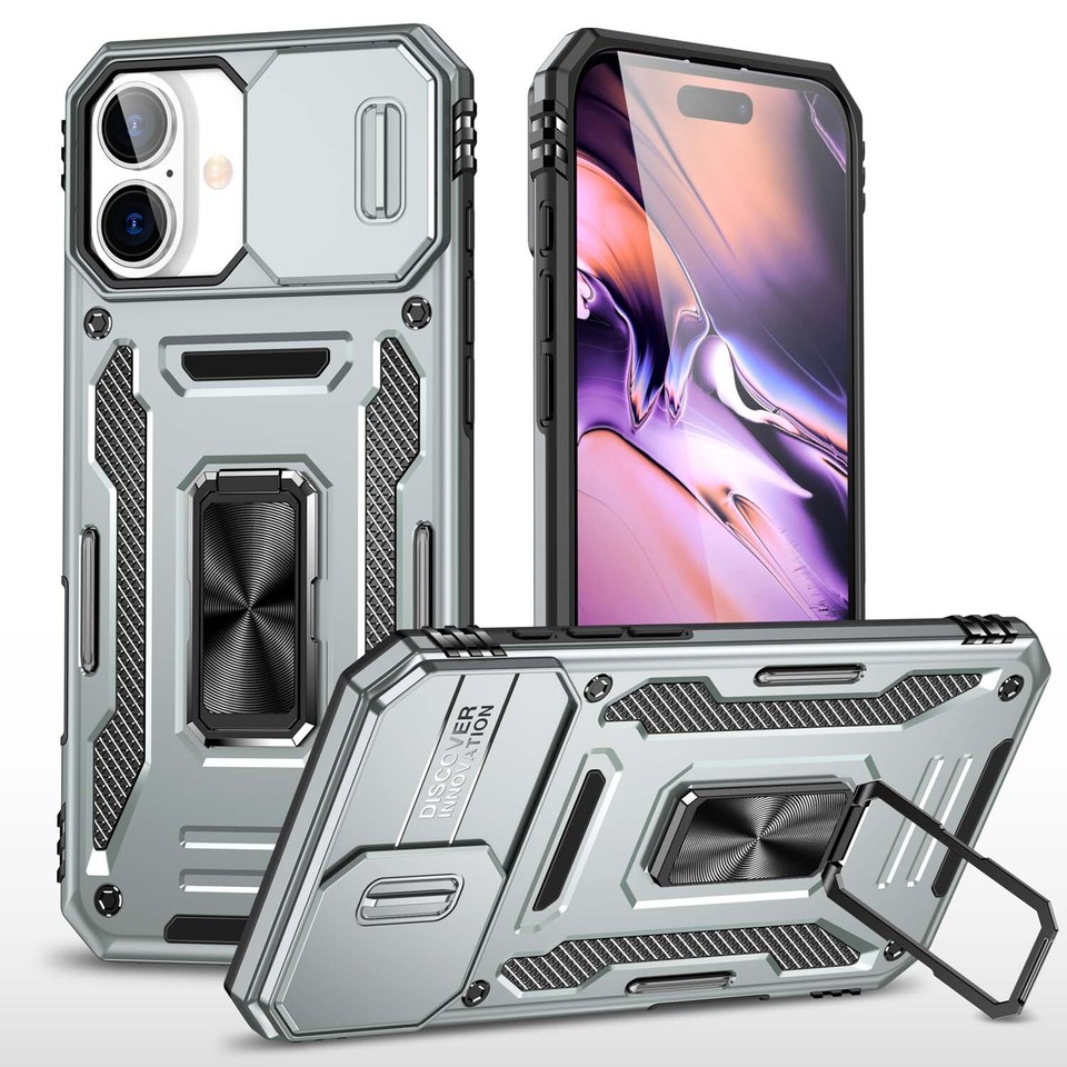 For iPhone 16 15 14 13 12 11 Pro Max Shockproof Ring Stand Case Slide ...