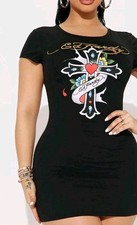 Ed Hardy Cross T Shirt Mini Dress - Black Size L