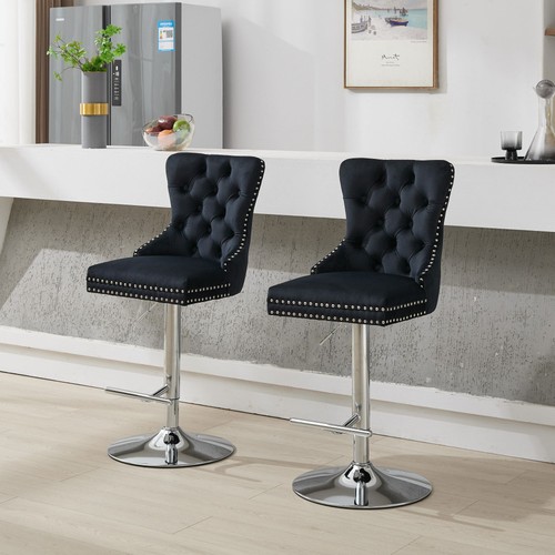 Set/2 Luxury Swivel Kitchen Barstools 25-33"Adjustable Thick Chrome Velvet Black - Picture 2 of 22