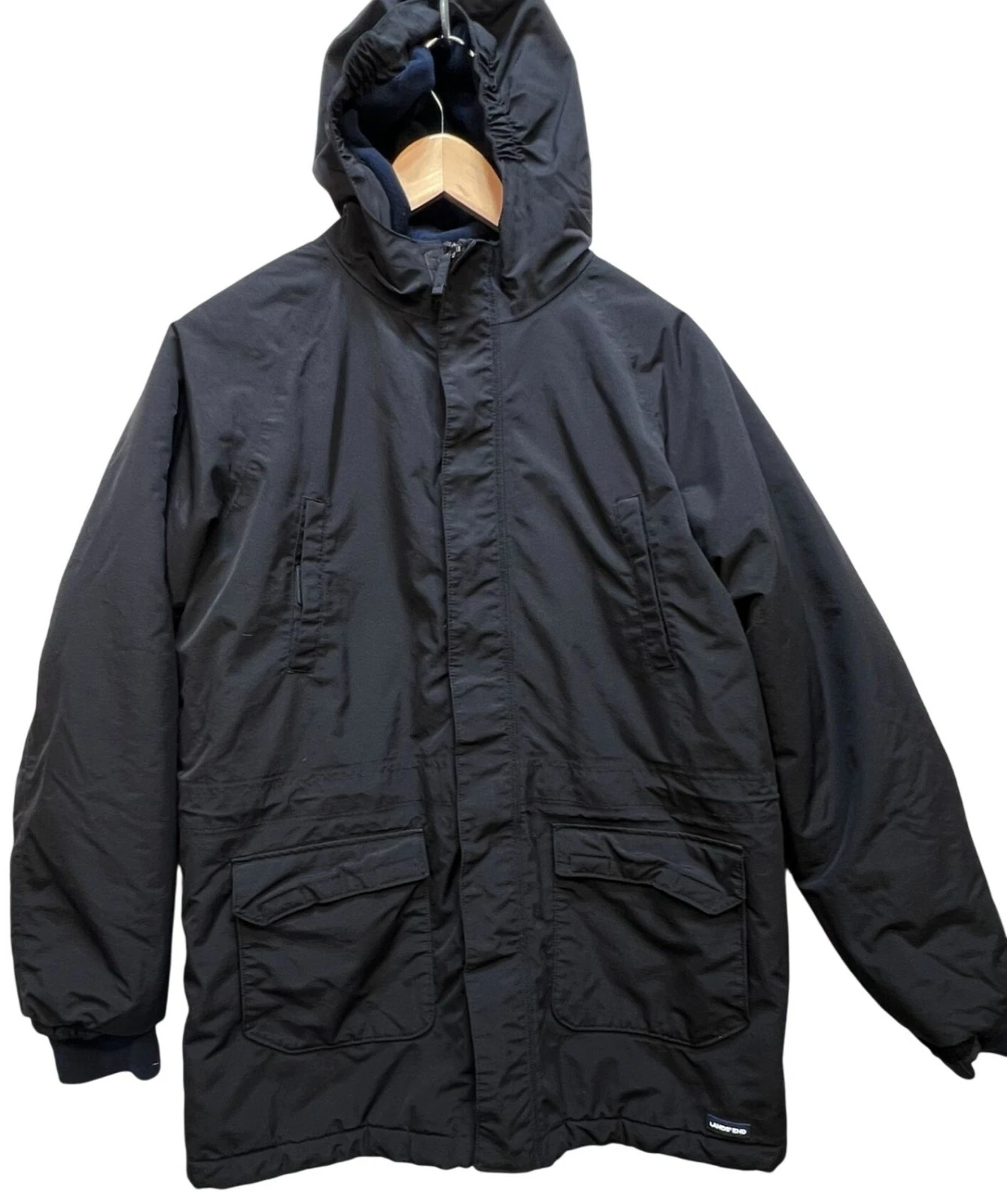 Lands End Youth Fleece Lined Full Zip Hooded Coat Long Sleeve Size XL Black