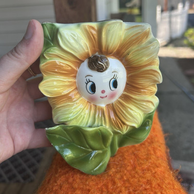Vintage PY Miyao Style Anthropomorphic Sunflower Wall Pocket Planter