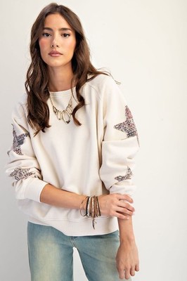 Easel Women's Mineral Washed Star Patch Sweatshirt Top in Ecru