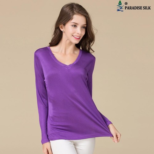 Natural Silk Women's V Neck Long Sleeved Bottoming Shirt Silk Womens Blouse - Picture 9 of 11