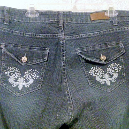 DKIN Women's Black Embellished Stretch Embroidery Flap Pocket Jeans Size 16W - Picture 4 of 5