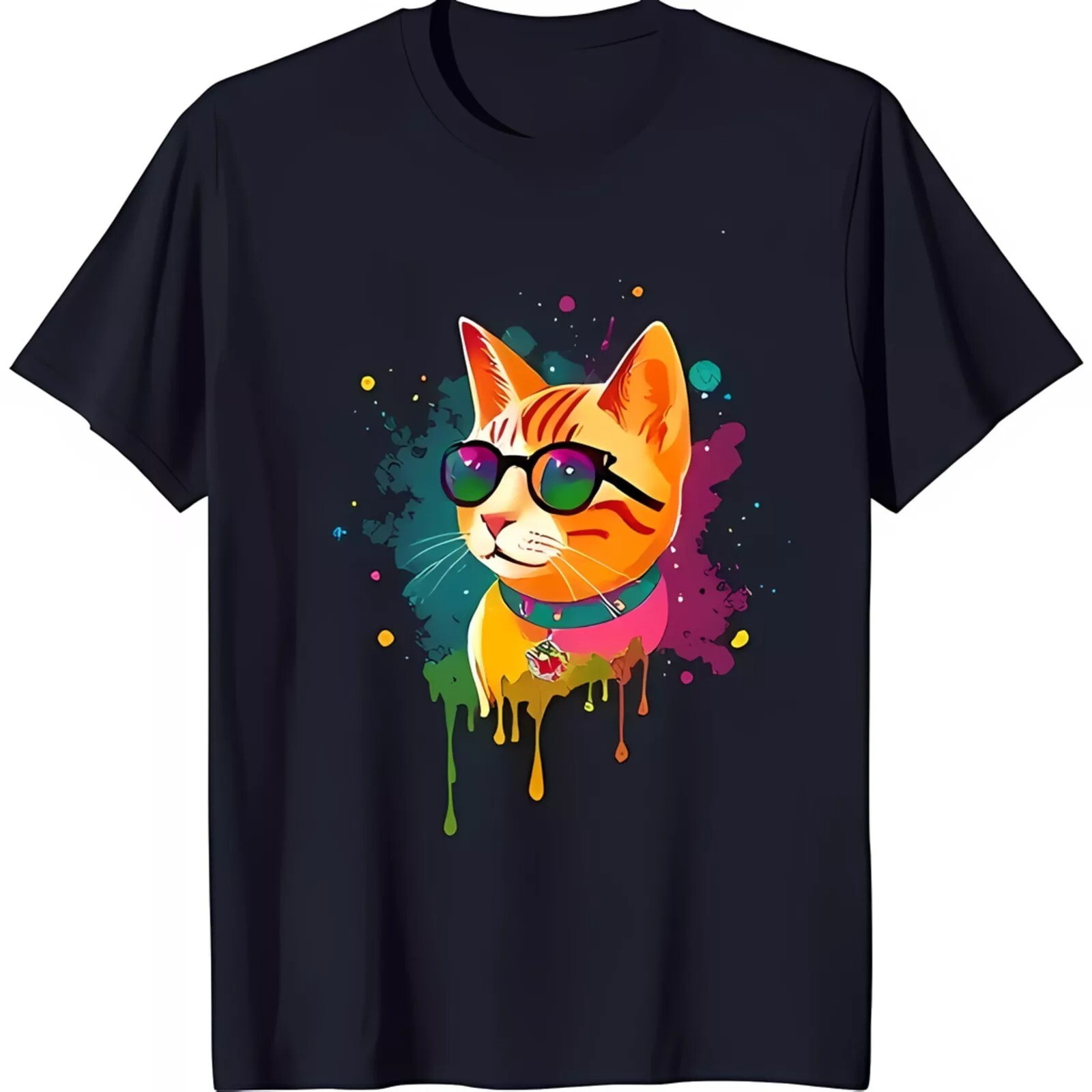 Cool Cartoon Cat in Sunglasses Graphic on Black Uniex T-Shirt