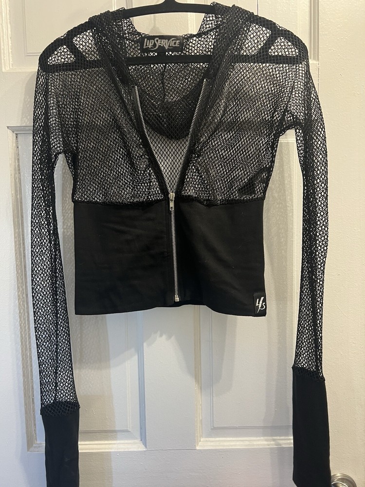XS Rare Lip Service Glitter Fishnet Fingerless Sleeves Hooded Top