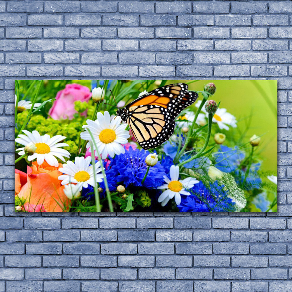 Tableau sur verre acrylique 140x70 cm nature et fleurs sauvages pour salon chic