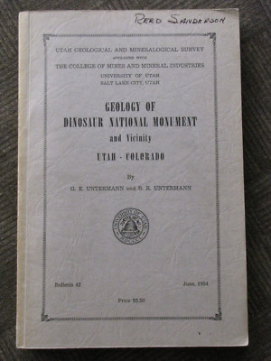 Geology of Dinosaur National Monument  Vicinity w University Of Utah & Map 1954