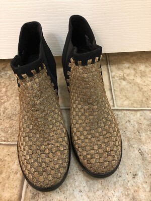 Steven by Steve Madden Gold Metallic Black Enda Basket Weave Ankle Boots 7