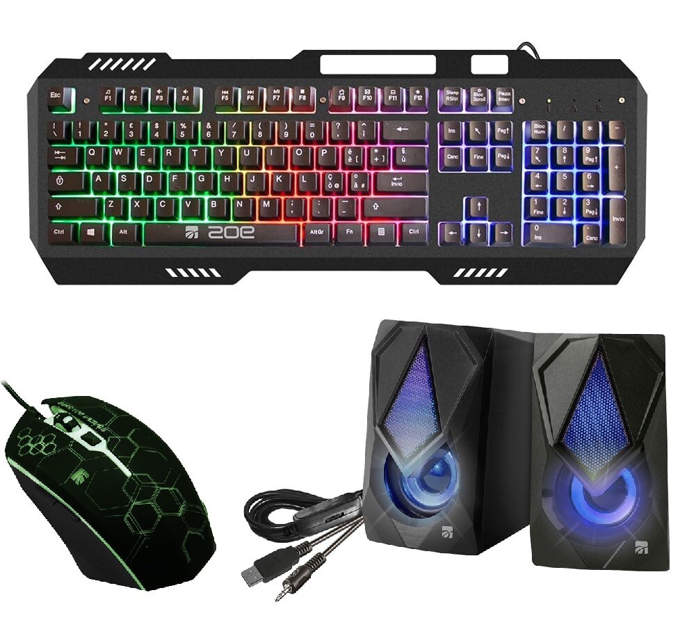 KIT Gaming 3 in 1 Mouse Tastiera illuminata USB Coppia di Speakers Casse PC