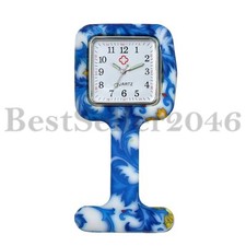Flower Printed Square Silicone Quartz Pin Nurse Watch Brooch Tunic Fob Blue