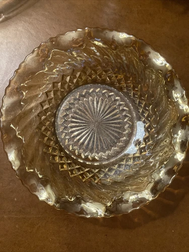 Vintage Swirl Diamond Ruffle Pattern Amber Carnival Glass Candy Dish. 6”