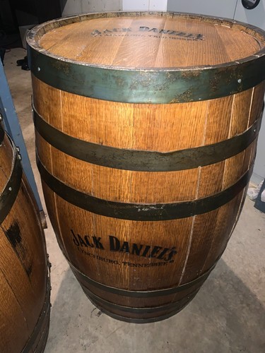 Jack Daniels Engraved Charred Oak Whiskey Barrel with black painted Metal Bands