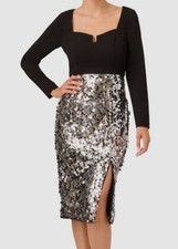 Adrianna Papell Women Black Silver Sequined-Skirt Long Sleeve Midi Dress Size 12