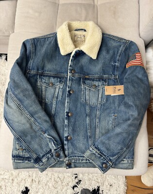 Polo Ralph Lauren Denim Jacket Country Patch US Flag Blue Fleeced Trucker M