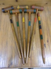 5 Vintage Antique Ribbed Wooden Croquet Mallets  1 Stake Game Matching Antique