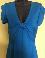 New St John Couture Blue Turquoise Bow Knit Career DRESS Gathered Sleeve 2 4