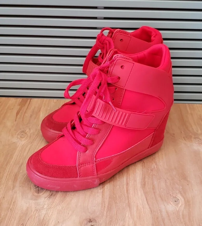 Aldo Women's Size Hidden Wedge Red Suede Hi-Top Sneakers Shoes Rare