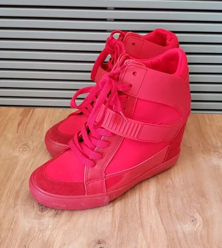 Aldo Women s Hidden Wedge Red Suede Hi Top Sneakers Shoes Rare Size 7