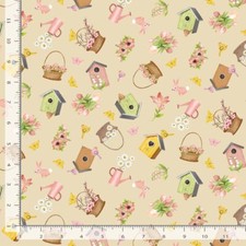 Spring Fabric Birdhouse Bird Flower Toss Beige Timeless Treasures YARD