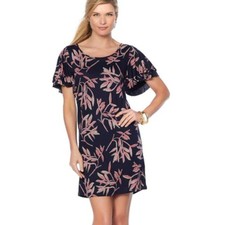 Lucky Brand Floral Print Flutter Sleeve Dress Navy Blue Size S