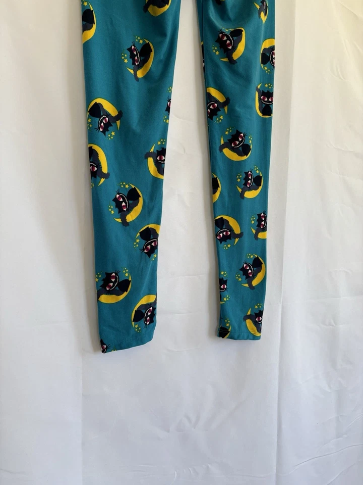 LuLaRoe Halloween Cheshire Cat Moon OS Leggings Blue Yellow - Image 3 of 4