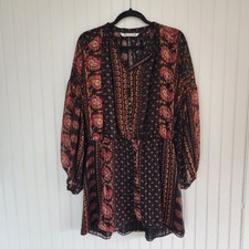 ZARA Black Pink Boho Paisley Print Balloon Sleeve Blouson Mini Dress Large