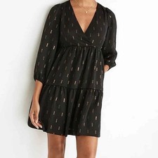 Madewell Black & Gold Metallic Jacquard Faux-Wrap Tiered Mini Dress Sz XS Party
