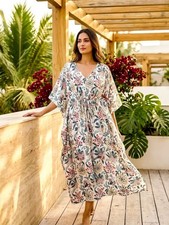 Indian Cotton White Floral Printed Kaftan Dress Women's Clothing Kaftan Dress US