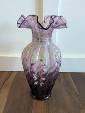Large 11" Purple Ruffled Hand Painted Floral Fenton Glass Vase