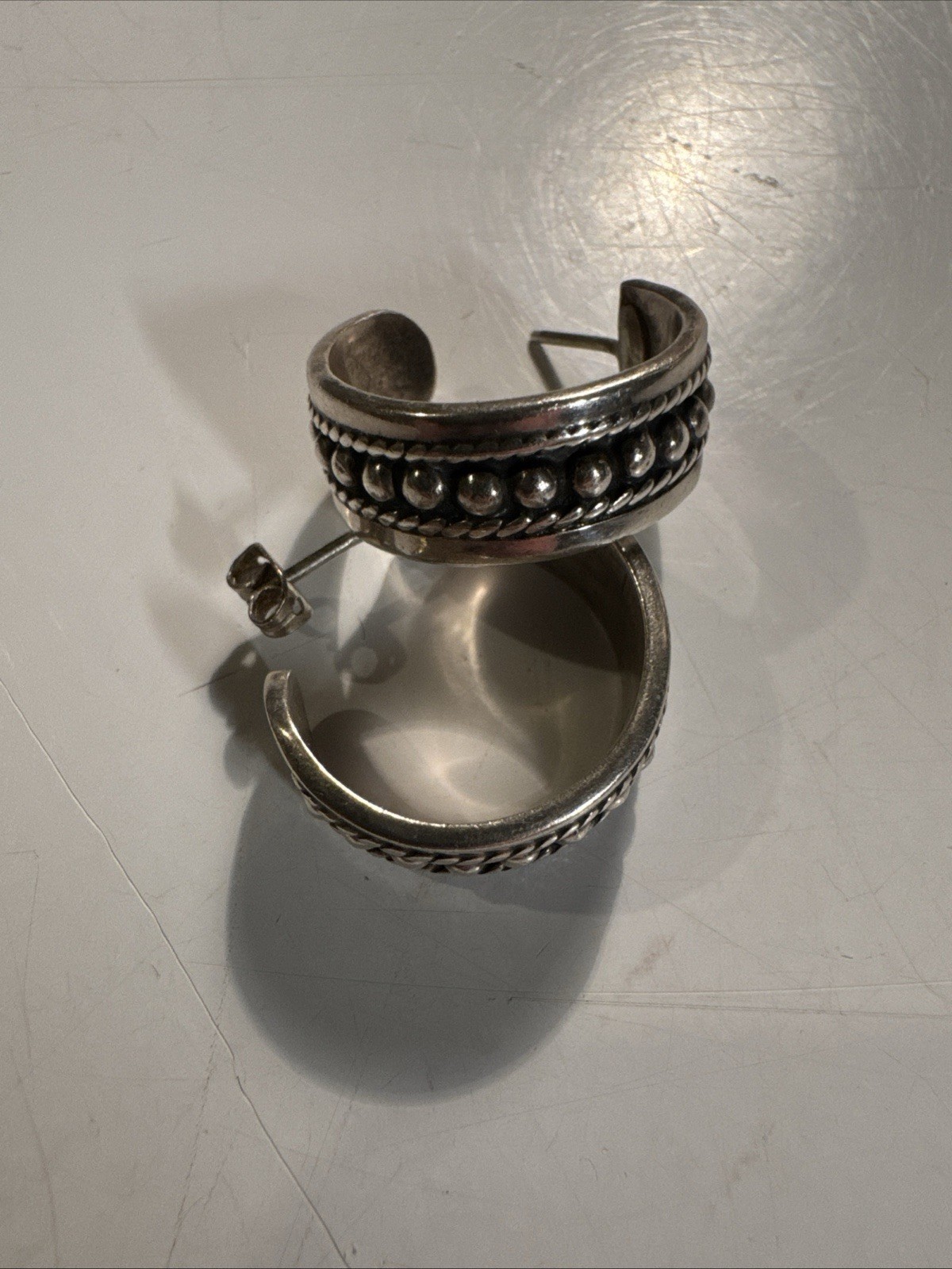 Signed Mexico Solid 925 Silver Hoop Earrings dot … - image 2