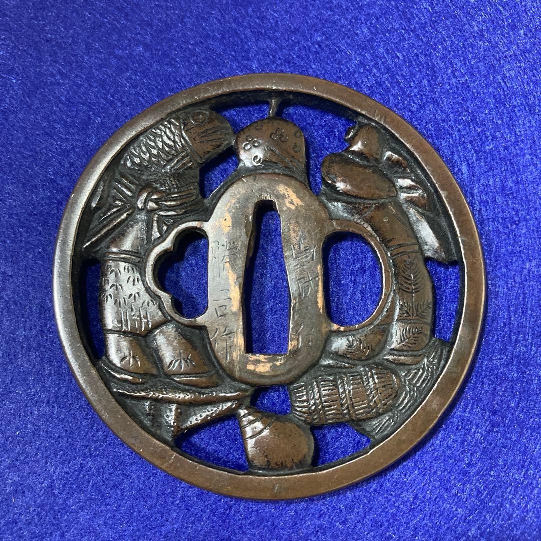 Edo Period Tsuba Ebisu Daikoku Copper 78x79 mm 135 g Collectible Japan