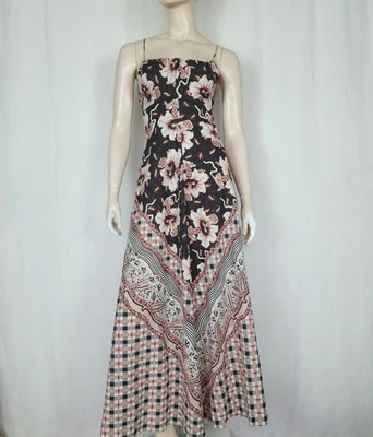 Vtg 70s strappy maxi sundress XXS/XS multi geo floral check print - Image 1 of 4