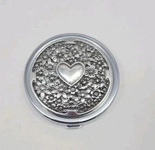Brighton Compact Dual Mirror/Magnifying Hinged Lid Embossed flowers center Heart