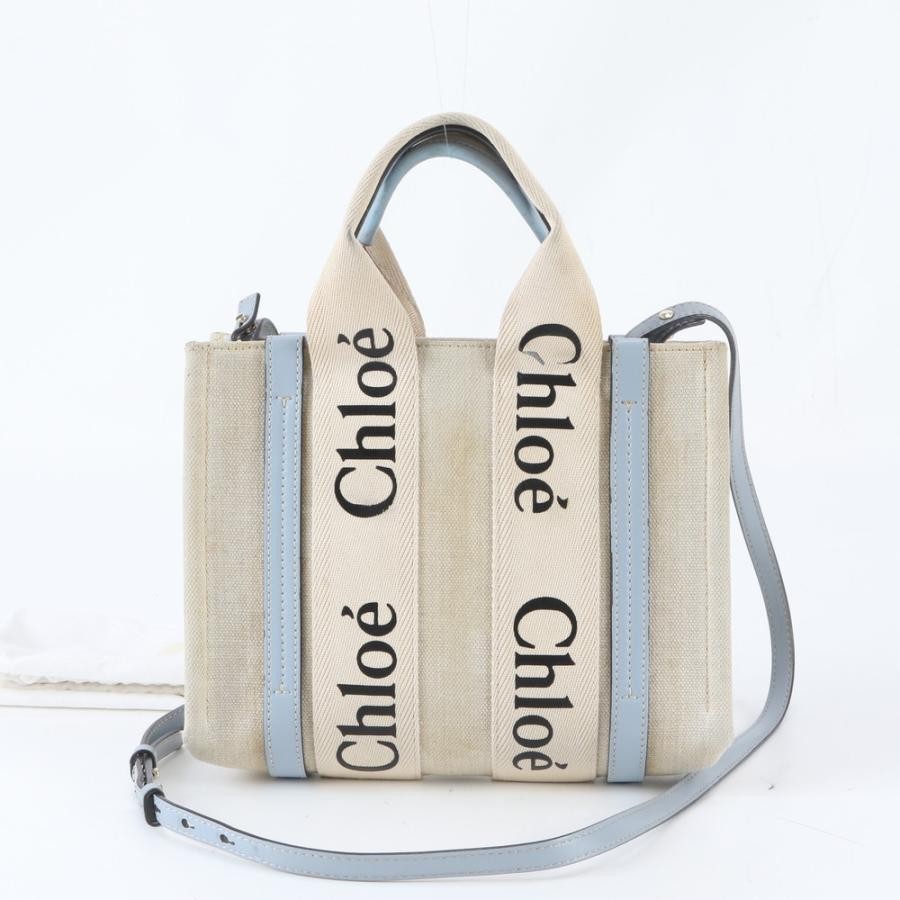 Chloe Woody Small Canvas Leather 2Way Shoulder Bag Beige Blue Auth