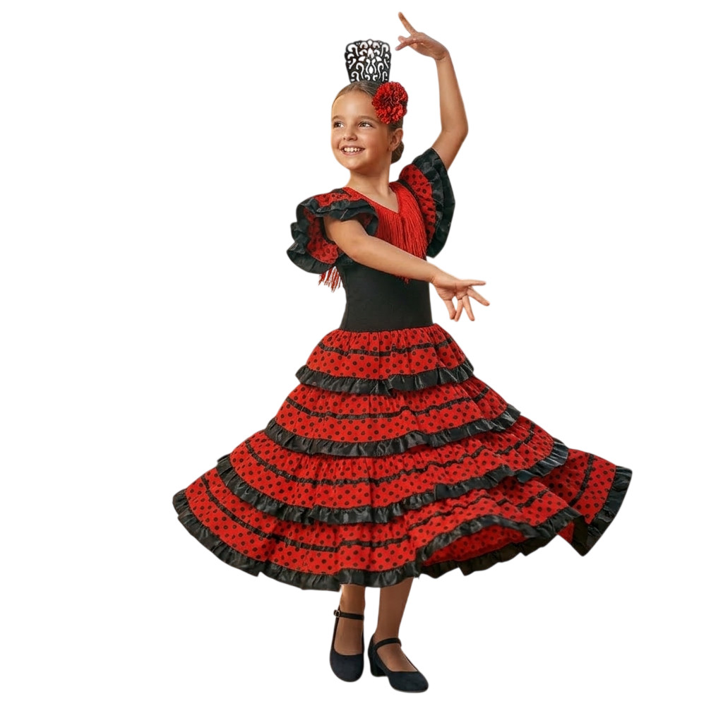 Disfraz de Flamenca Niña Vestido Sevillana con Volantes y Lunares, Incluye Peine