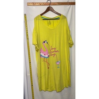 HUE Sleepshirt Flamingo Graphic Long Summer Days V Neck Yellow Lounge Sleep
