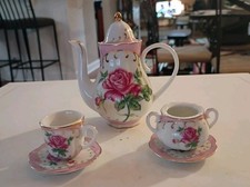 Miniature China Tea Set - Porcelain, White W Roses Gold Trim - Cute Toy 5pcs
