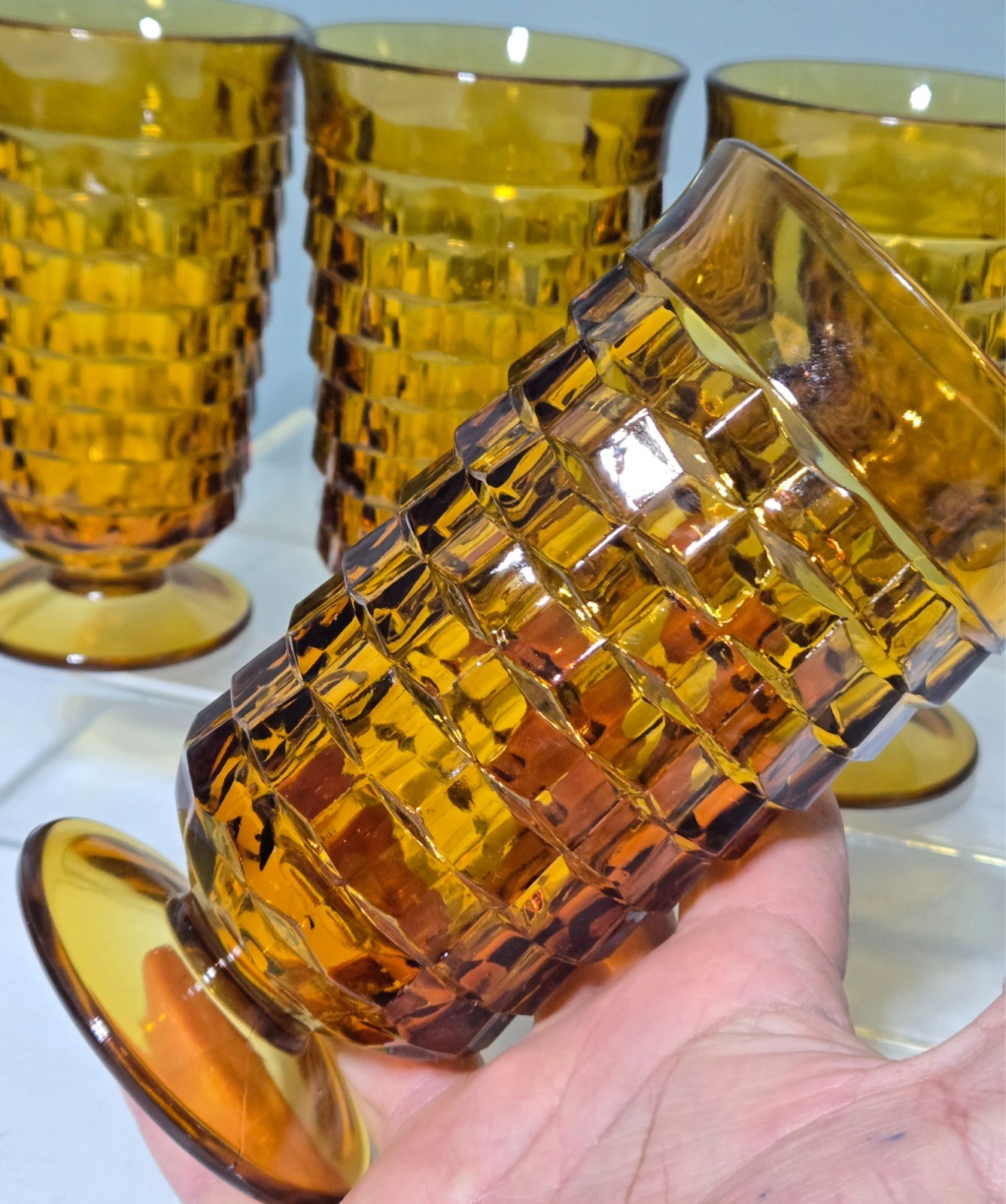 Set of 4 INDIANA GLASS Colony Whitehall Amber Cubist Drinking Glass Tumblers  6"